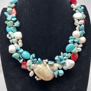 Chunky Shell Statement Necklace Faux Turquoise Coral Pearls Glass Beach Resort